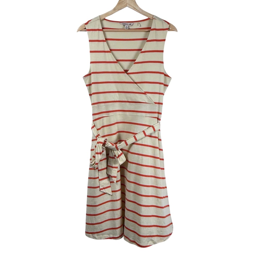 Toad&Co W's Cue Sleeveless Dress Faux Wrap Orange Cream Striped V-Neck Womens M